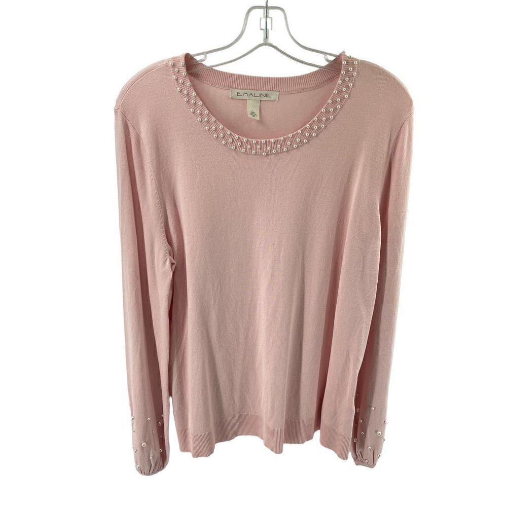 EMALINE pearl beaded pink blush lightweight sweater large EUC